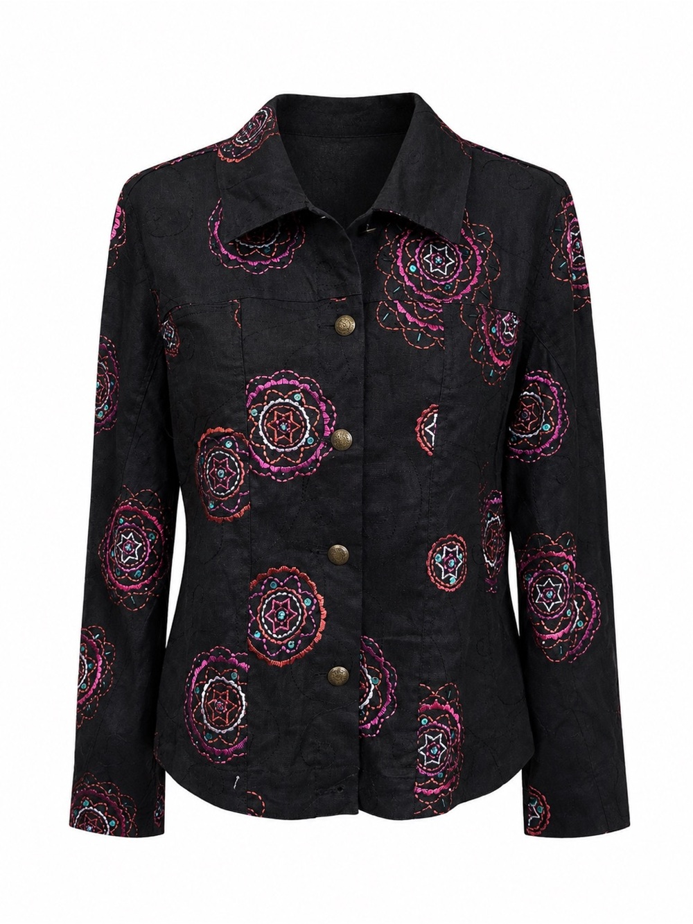 Saint Tropez West 2X Black Embroidered Floral Beaded Jacket Boho Resort